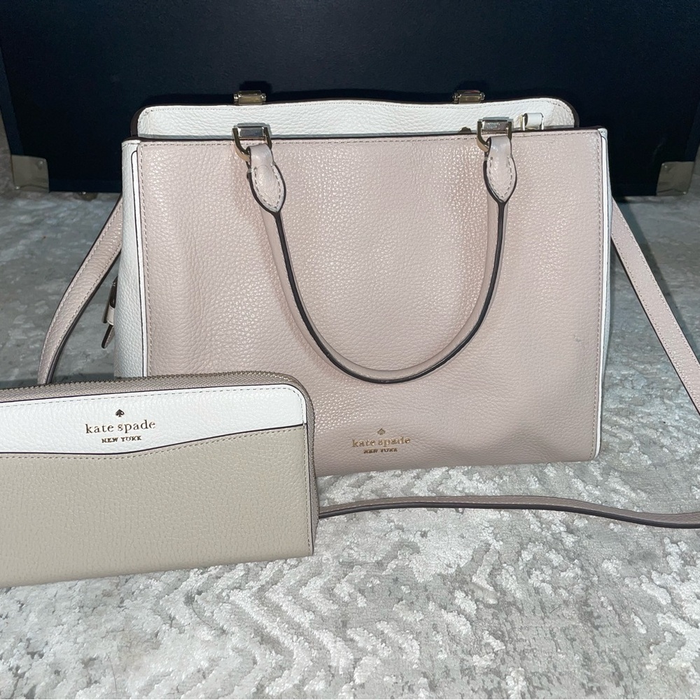 Kate Spade Tan and White Satchel Smooth Leather Structured Design